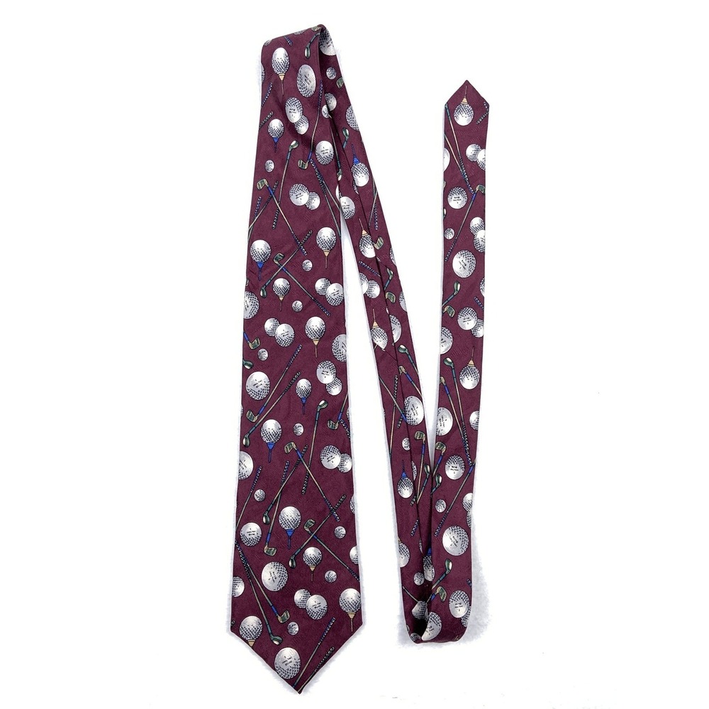 Spalding Silk Golf Club Ball Novelty Tie Burgundy Red Made in USA RN 18446